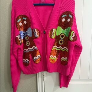 Queen of Sparkle Hot Pink Sequin Gingerbread Cardigan Sweater